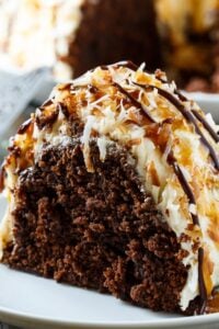 Samoa Bundt Cake- moist chocolate cake covered in caramel frosting and covered in toasted coconut.