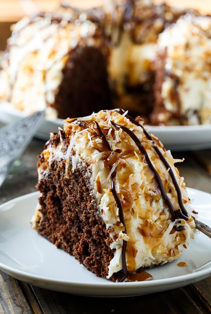 Samoa Bundt Cake with caramel frosting and toasted coconut.