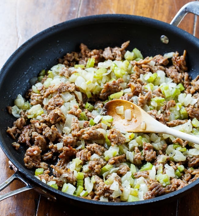 Sausage Stuffing made with ground sausage and a can of cream of chicken soup. Such a flavorful Thanksgiving side.