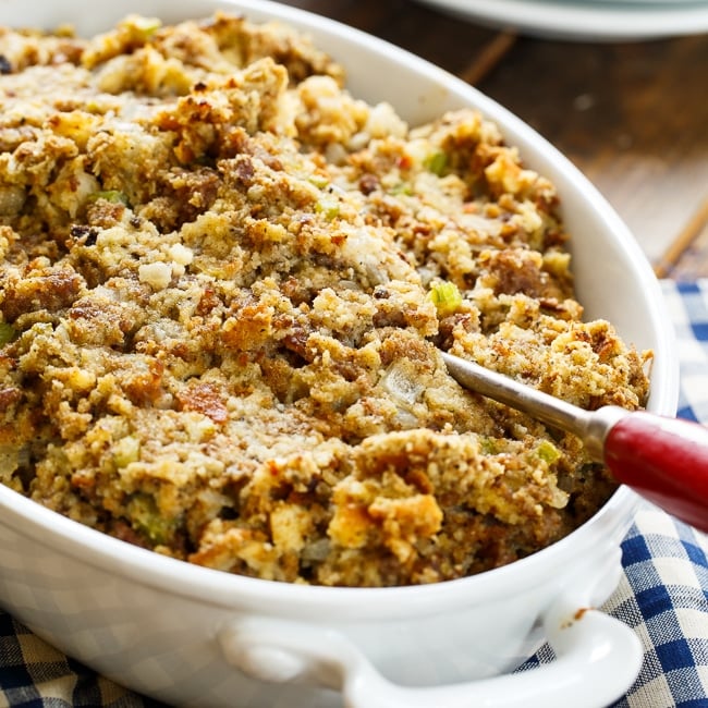 Sausage Stuffing-ground sausage, onion, celery, sage, and cream of chicken soup make this a fabulously flavored  side dish for Thanksgiving.