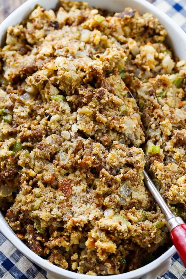 Sausage Stuffing made with ground sausage, onion, celery, sage, and a can of cream of chicken soup. Makes such a flavorful Thanksgiving side.