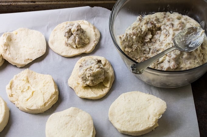 Sausage Gravy Stuffed Biscuits made with refrigerated biscuits