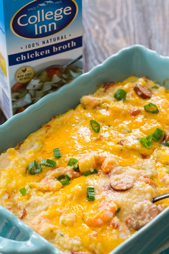Shrimp and Grits Casserole with lots of cheese