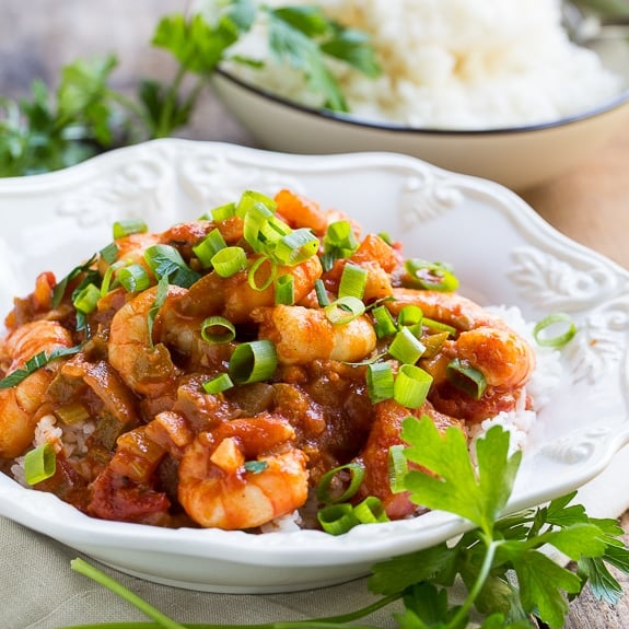 Easy Shrimp Creole- shrimp cooked in a tomato sauce flavored with onion, garlic, and green pepper.