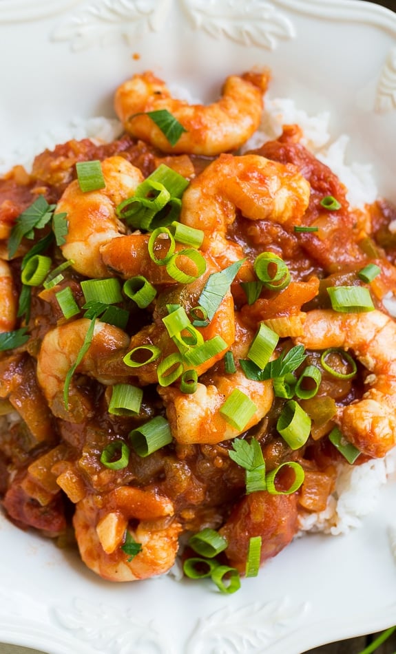 Easy Shrimp Creole - shrimp cooked in a tomato sauce flavored with garlic, onion, and green peppers.