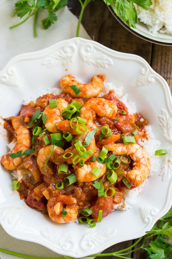 Easy Shrimp Creole - shrimp cooked in a tomato sauce flavored with onion, celery, and green peppers.