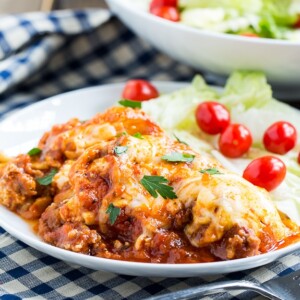 Easy Slow Cooker Lasagna with lots of sausage. You won't believe how good it is!