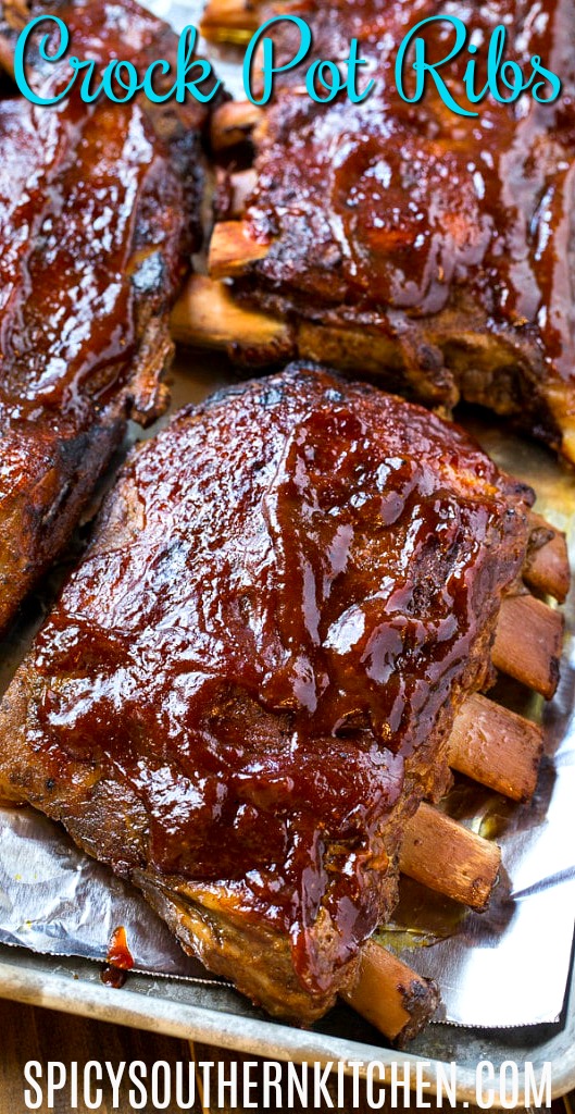 colse-up of Crock Pot Ribs on a baking sheet.