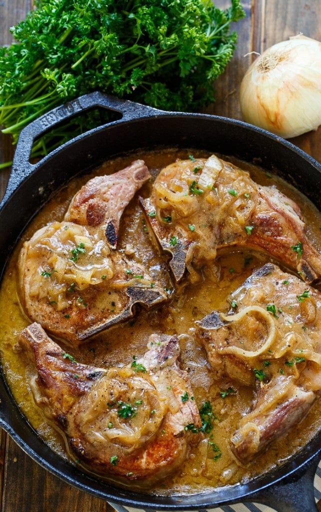 Southern-Style Smothered Pork Chops in an easy onion gravy.
