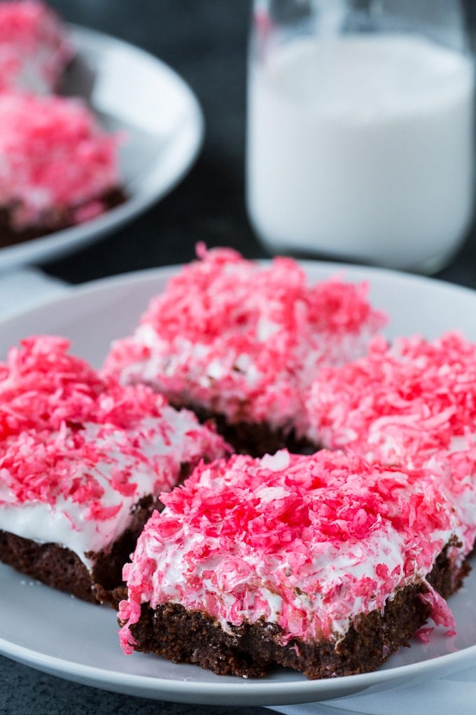 Sno Ball Brownies with pink coconut