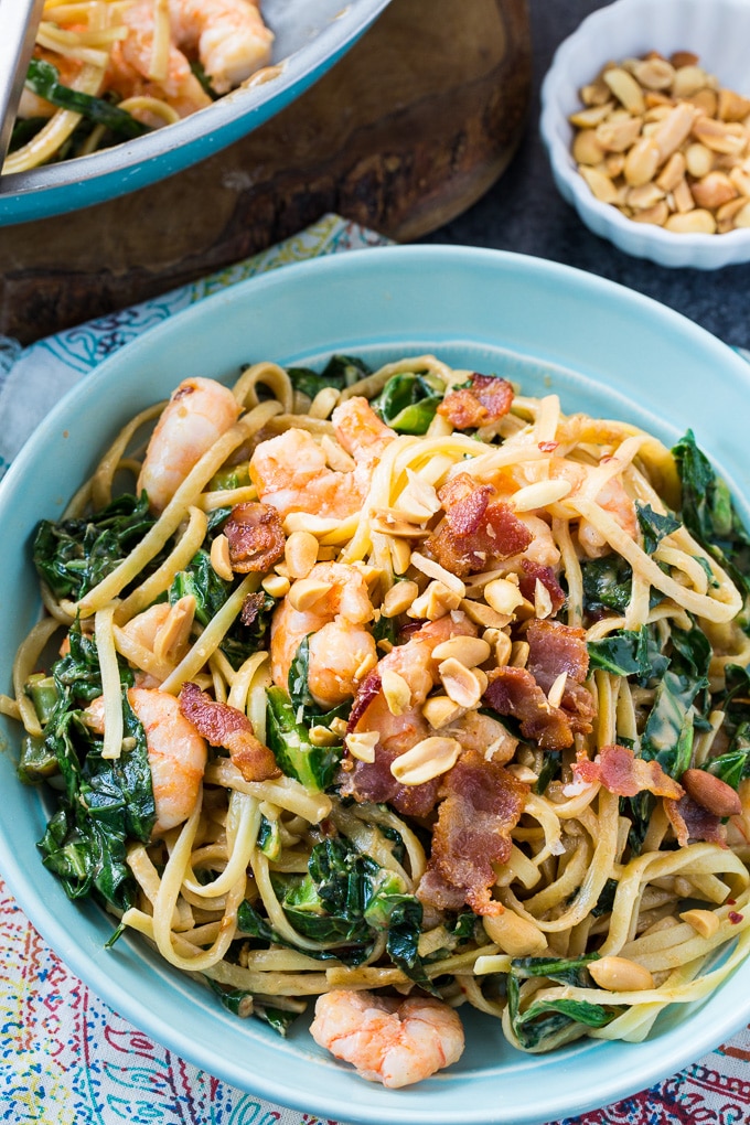 Southern Peanut Noodles with Shrimp, Bacon, and Collard Greens