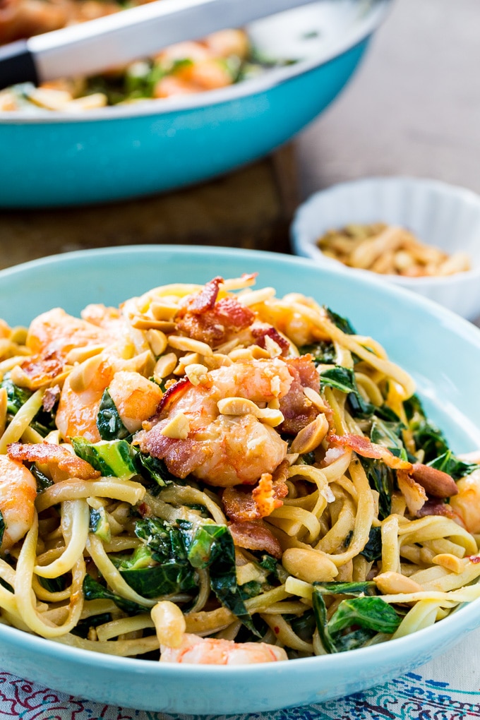 Southern Peanut Noodles with Shrimp, Bacon, and Collard Greens