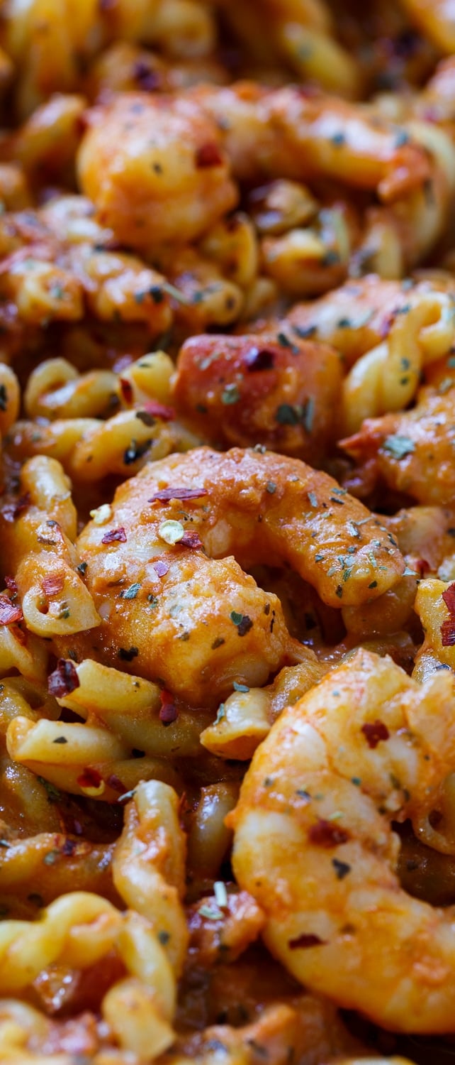 Spicy Shrimp and Tomato Cream Pasta-- quick and easy to make for a weeknight meal.