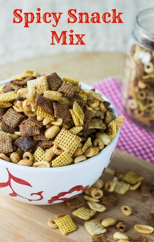 Spicy Snack Mix in a bowl with text overlay "Spicy Snack Mix"
