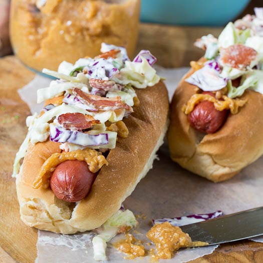 Cosmic Dogs with Blue Cheese Coleslaw and Sweet Potato Mustard