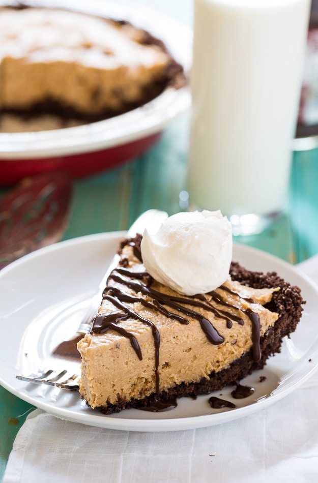 Lighter Peanut Butter Pie with a chocolate graham cracker crust and a creamy peanut butter filling sweetened with SPLENDA.