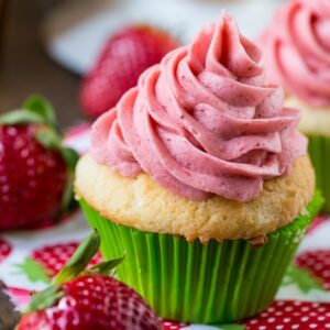 The perfect vanilla cupcake with fresh strawberry frosting.