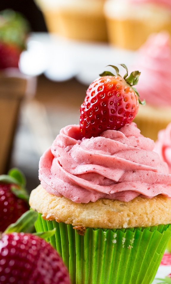 The perfect Vanilla Cupcake with fresh Strawberry Frosting.