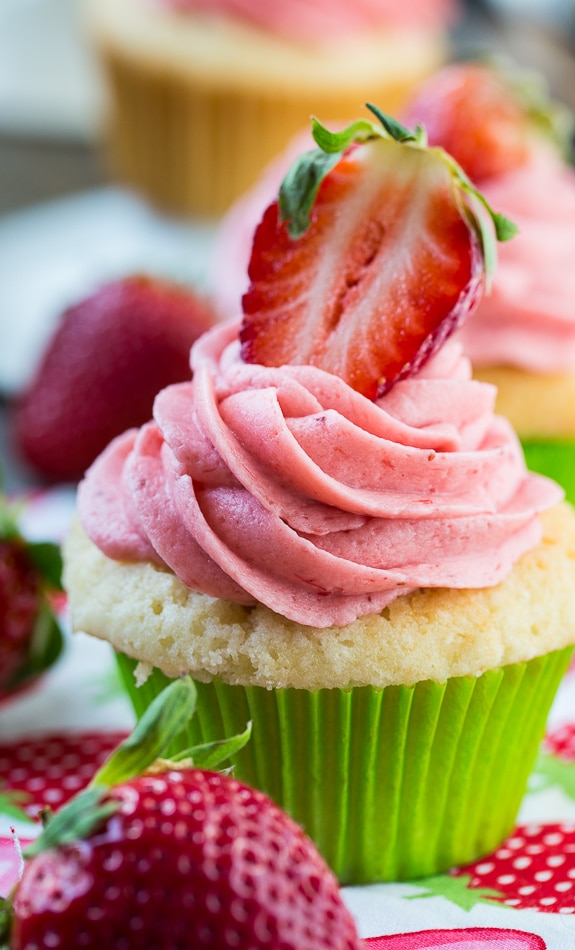 The perfect Vanilla Cupcake with fresh Strawberry Frosting.