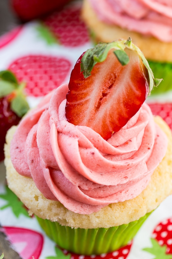 The perfect Vanilla Cupcake with fresh Strawberry Frosting.