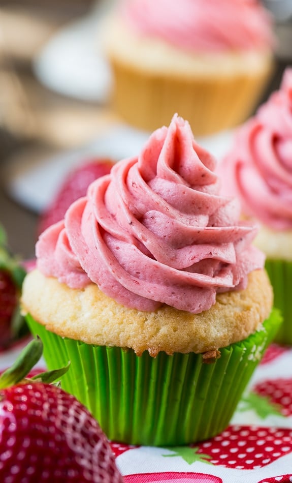 The perfect Vanilla Cupcake with fresh Strawberry Frosting.