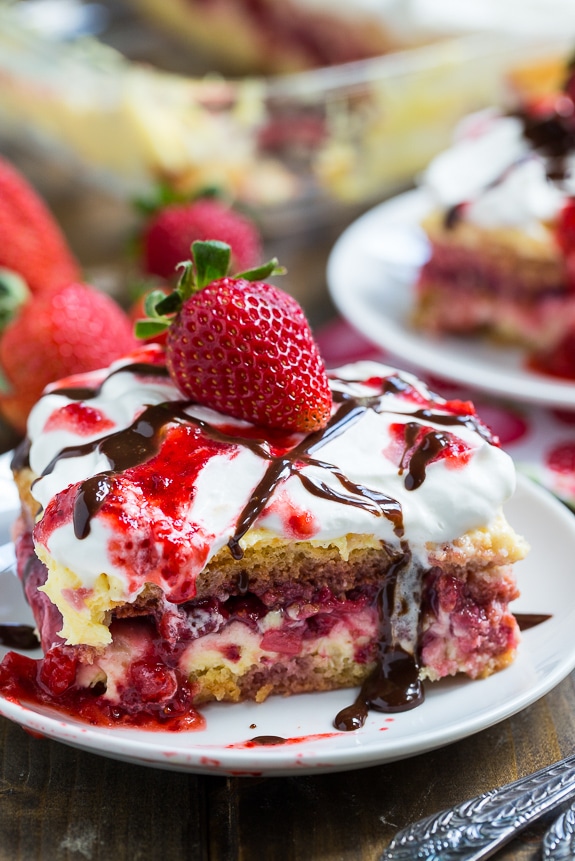 Strawberry Lasagna (no bake) made from store bought pound cake, vanilla pudding mix, and fresh strawberries.