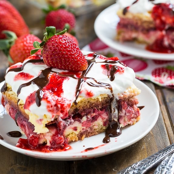 Strawberry Lasagna (no bake) made from store bought pound cake, vanilla pudding mix and fresh strawberries.