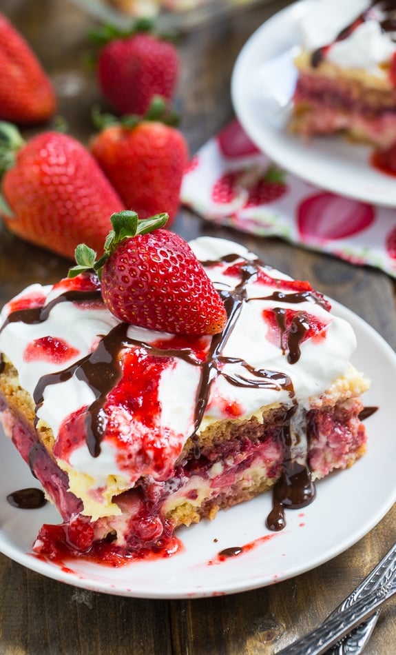 Strawberry Lasagna (no bake) made from store bought pound cake, vanilla pudding mix, and fresh strawberries.