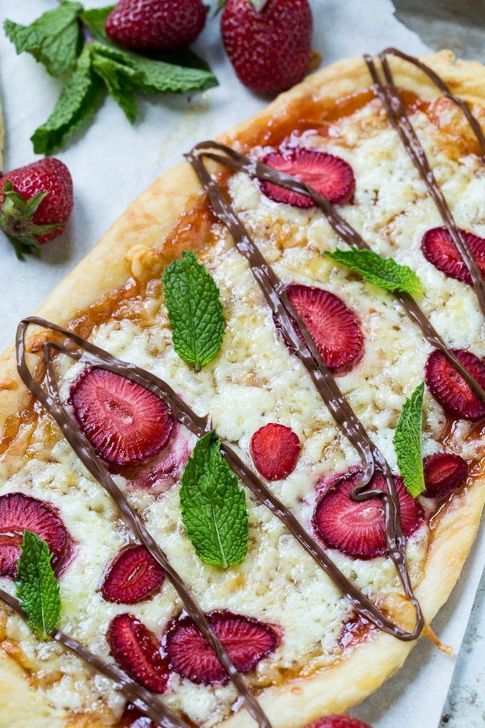 Strawberry Nutella Dessert Pizza with mascarpone cheese