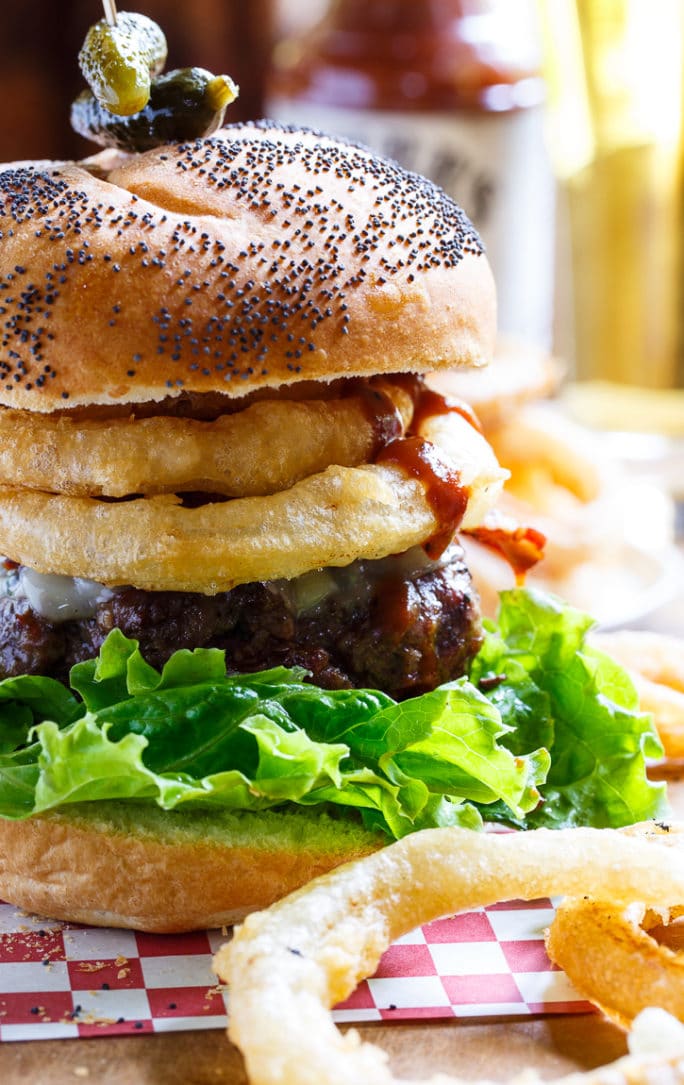 Cowboy Burger with bacon, onion rings, and bbq sauce.