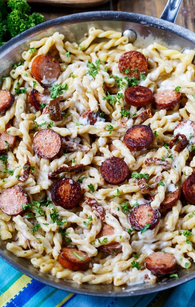 Pasta with Sun-Dried Tomato Sauce and Andouille Sausage.