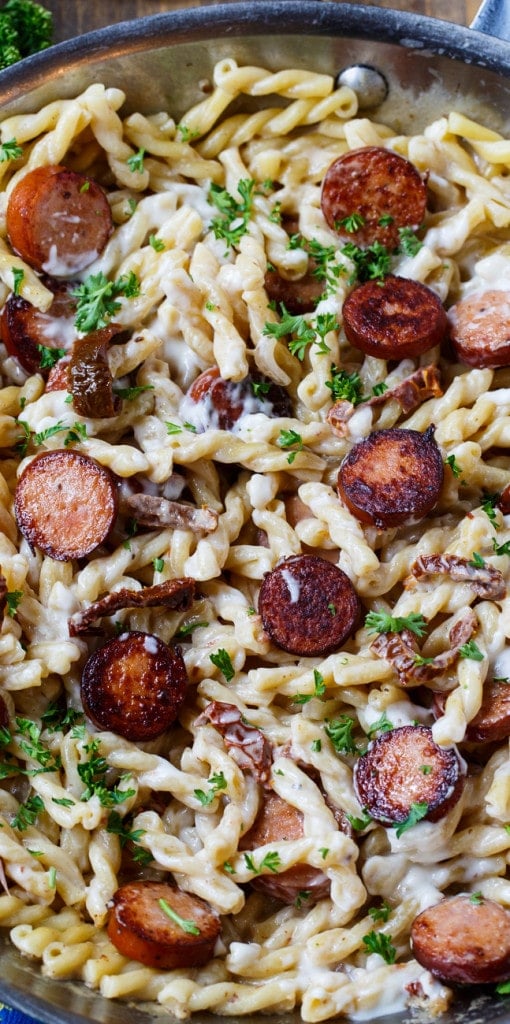 Pasta with Sun-Dried Tomato Sauce and Andouille Sausage