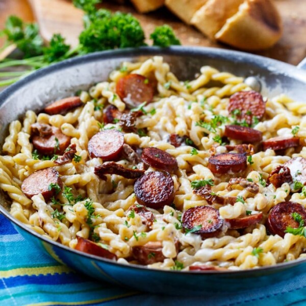 Pasta with Sun-Dried Tomato Sauce and Andouille Sausage.