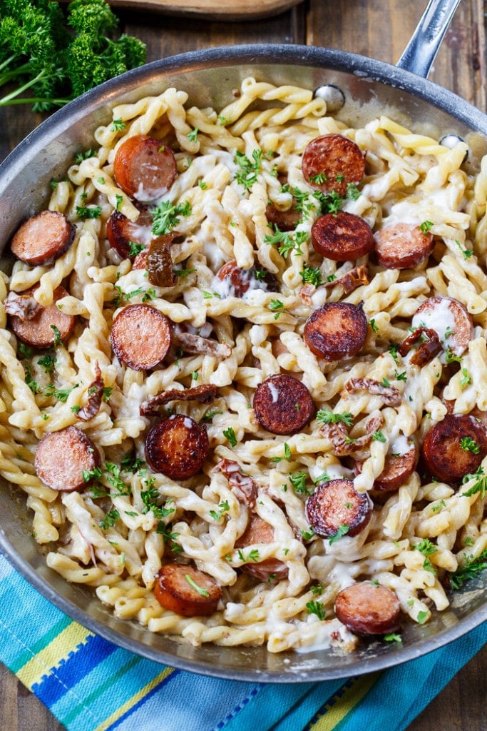 Pasta with Sun-Dried Tomato Sauce and Andouille Sausage