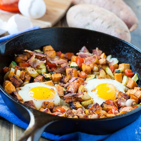 SCRAMBLED EGGS w SWEET POTATO HASH + BACON