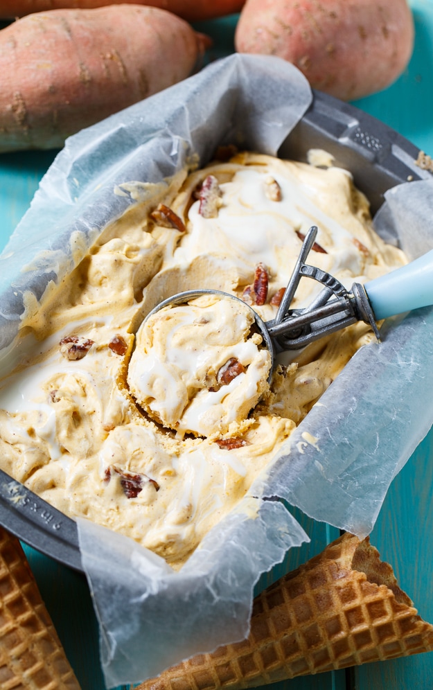Sweet Potato Ice Cream with marshmallow swirl and candied pecans.