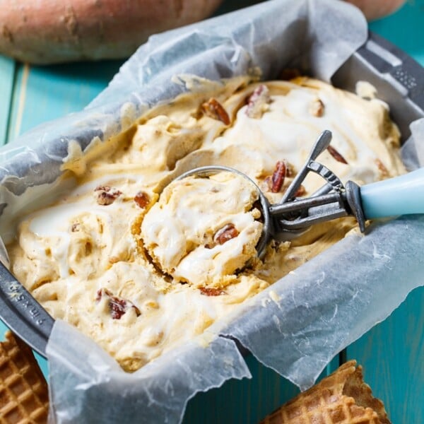 Sweet Potato Ice Cream with marshmallow swirl and candied pecans.