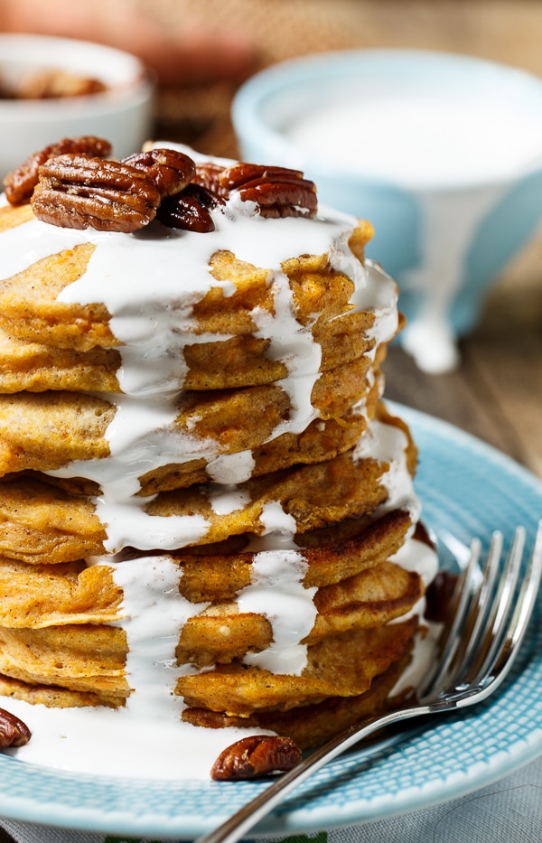 Sweet Potato Pancakes with marshmallow sauce and sugared pecans.