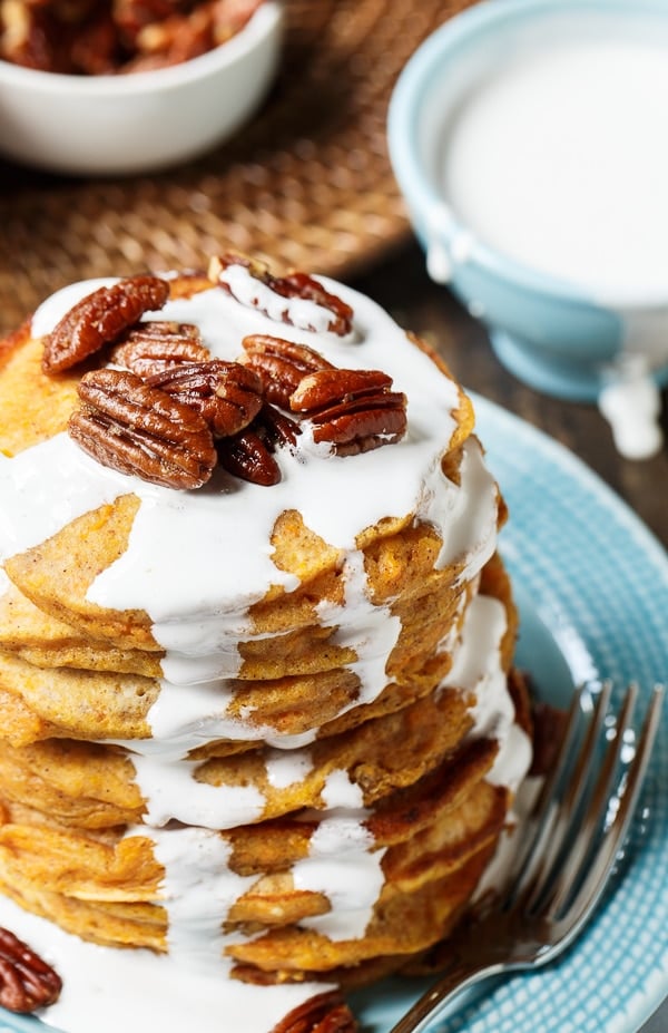 Sweet Potato Pancakes with marshmallow sauce and sugared pecans