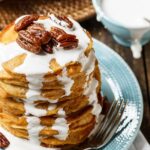 Sweet Potato Pancakes with marshmallow sauce and sugared pecans.