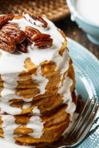 Sweet Potato Pancakes with marshmallow sauce and sugared pecans.