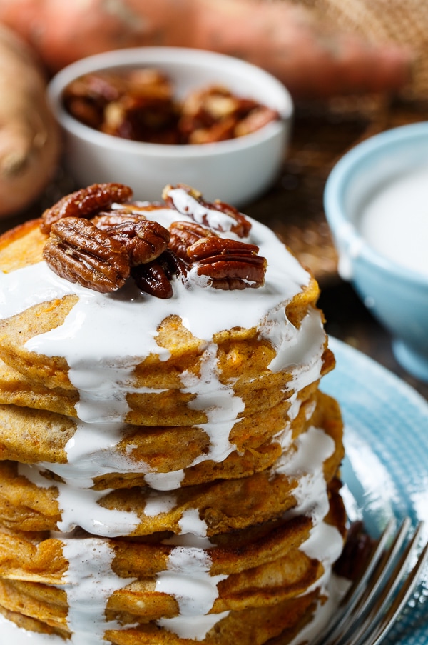 Sweet Potato Pancakes with marshmallow sauce and sugared pecans