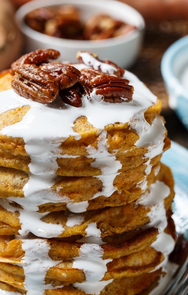 Sweet Potato Pancakes with marshmallow sauce and sugared pecans