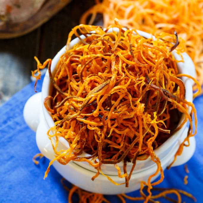 Sweet Potato Straws bake up so thin and crispy!