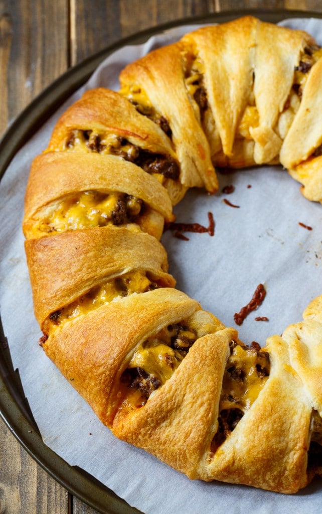 Taco Ring made with refrigerated crescent roll dough, ground beef, and cheese.