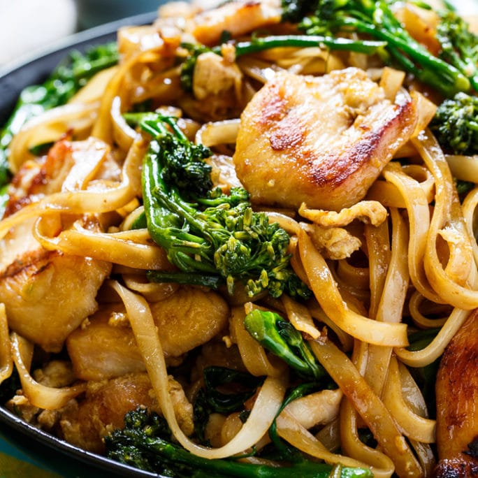 Thai Style Stir Fried Noodles With Chicken And Broccolini Spicy