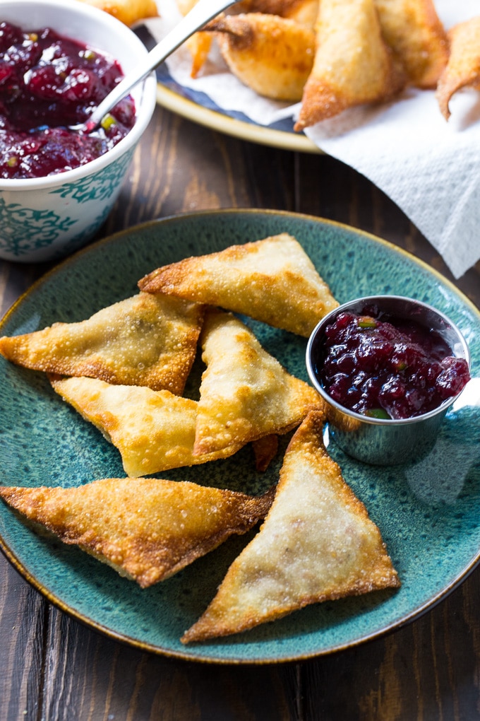 Thanksgiving Wontons made from leftover turkey and cranberry sauce