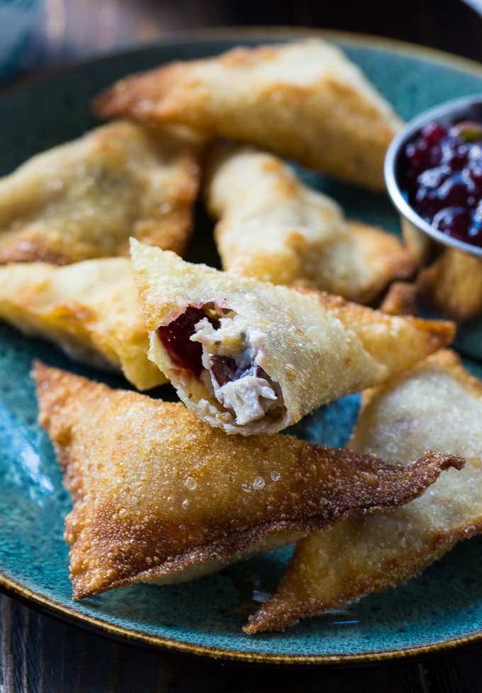 Thanksgiving Wontons stuffed with leftover turkey and cranberry sauce