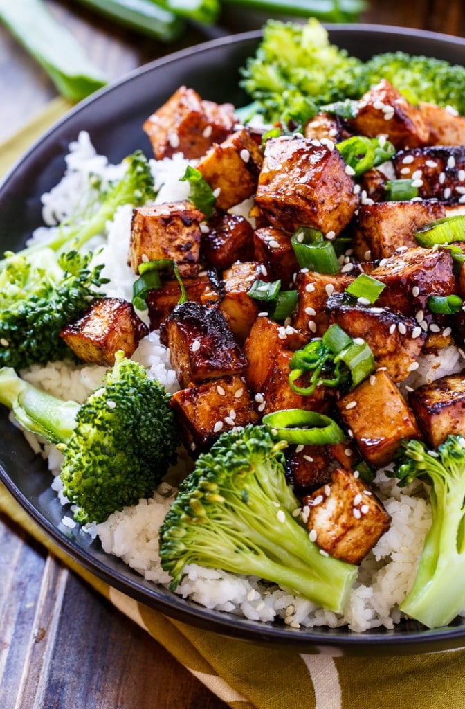 Asian Garlic Tofu- marinated in a sweet and spicy sauce and seared until crispy.