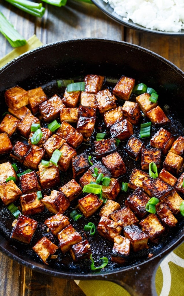 Asian Garlic Tofu- marinated in a sweet and spicy sauce and seared until crispy.